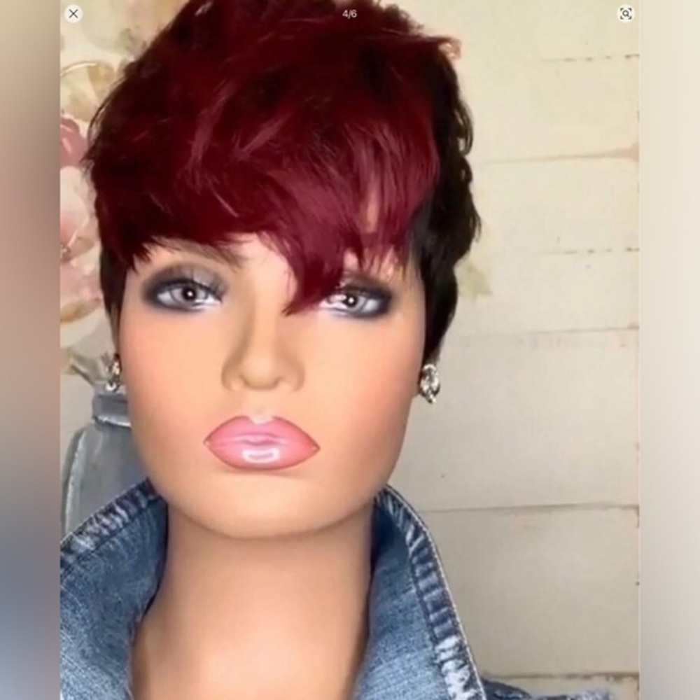 ✨NWT Non-Lace-Wig Full Short Wavy Pixie Cut Bang, Burgundy 99J/Natural Black